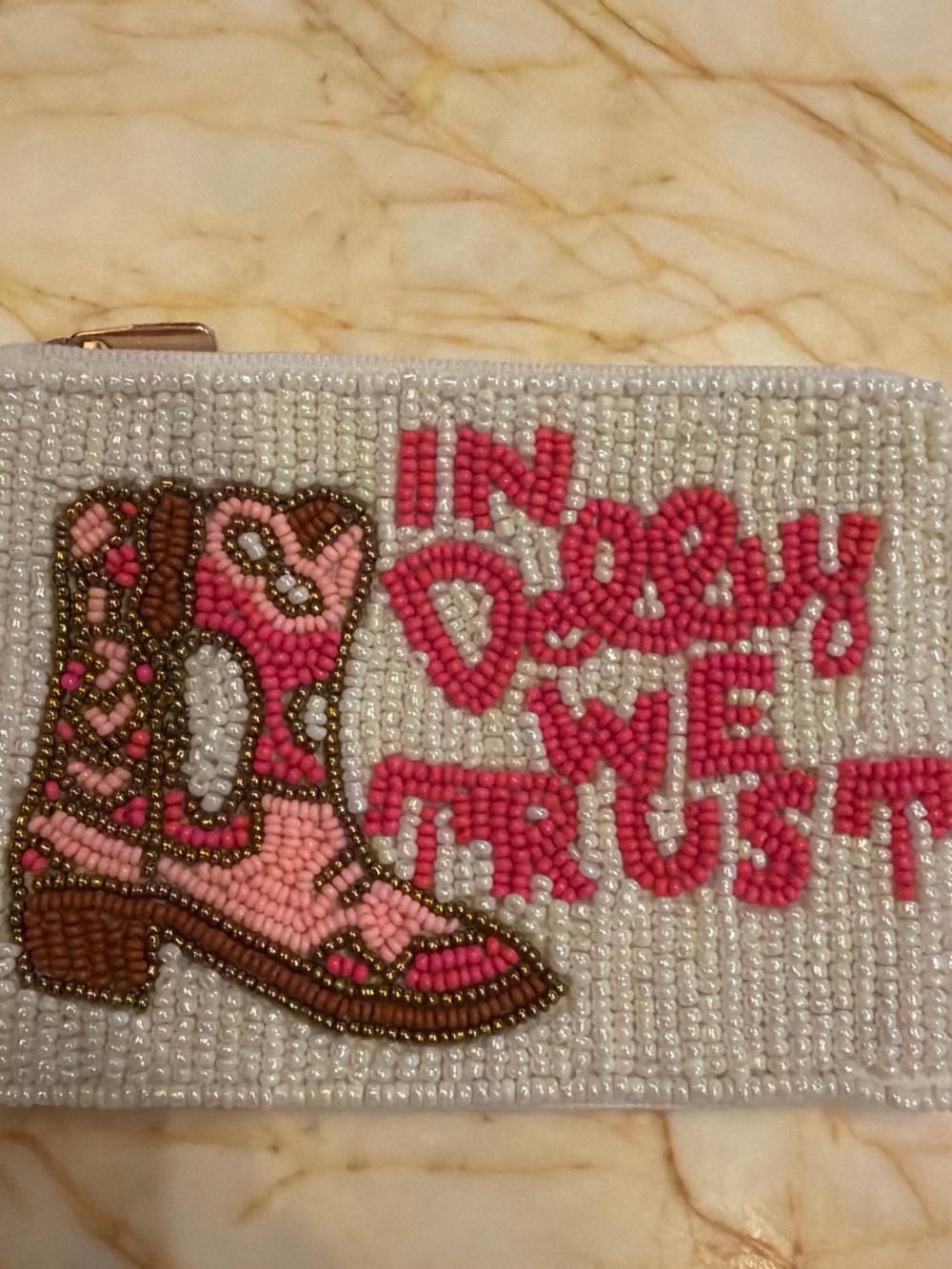 Women’s Pink Beaded Western Boot Wallet “In Dolly We Trust”
